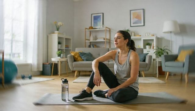 Young woman resting after home workout on yoga mat in bright living room