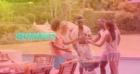Poolside friends toasting around charcoal grill at backyard summer bbq featuring pitcher