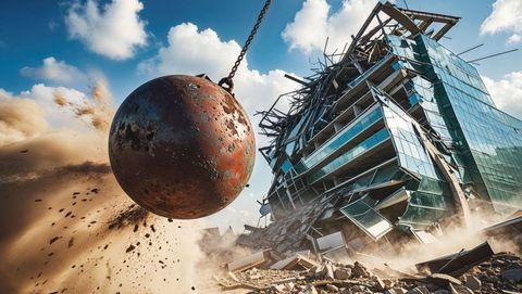 Wrecking ball demolishing glass building in urban chaos scene