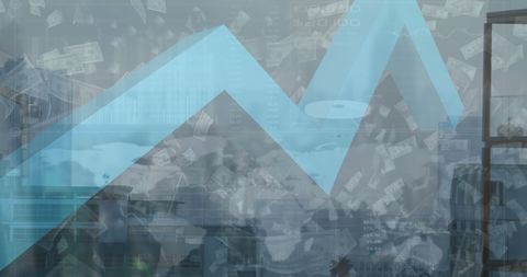 Digital financial data overlying cityscape with falling dollar bills