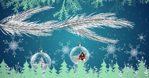 Festive Snowfall with Decorative Ornaments on Blue Background