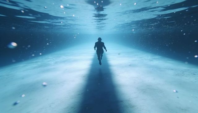 Solitary swimmer ascending toward sunlit surface with dramatic shadow and blue ocean depth