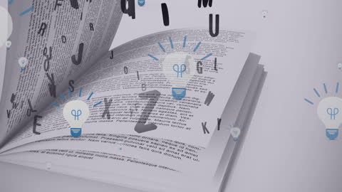 Digital Book with Floating Letters and Light Bulbs Concept