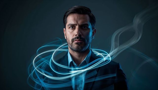 Moody executive portrait facing camera with neon blue light trails and cinematic smoke