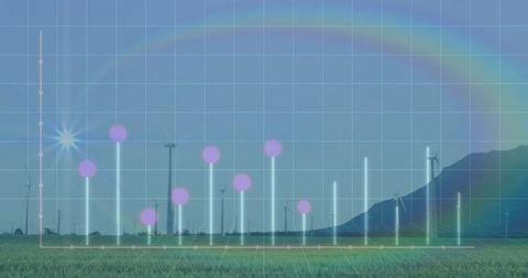Glowing chart overlay on renewable energy landscape