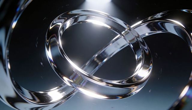 Interlocking Glass Rings Reflecting Studio Light with Prismatic Flares and Minimal Abstract
