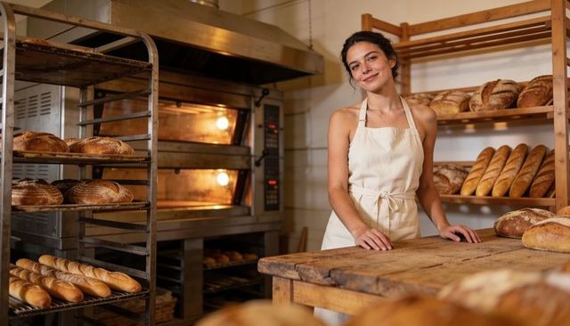 Smiling baker standing behind rustic wooden counter with artisanal loaves and ovens