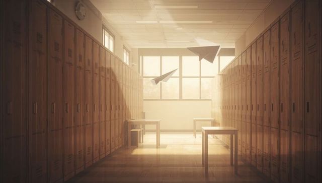 Sunlit school corridor gliding paper airplanes over wooden lockers and desks