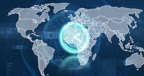 Digital Global Network Animation with Clock Overlay Depicting Technology