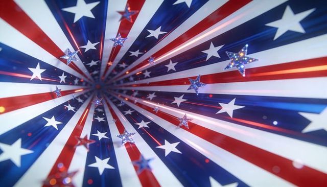 Swirling patriotic vortex featuring glossy bokeh and glittering stars in red white blue