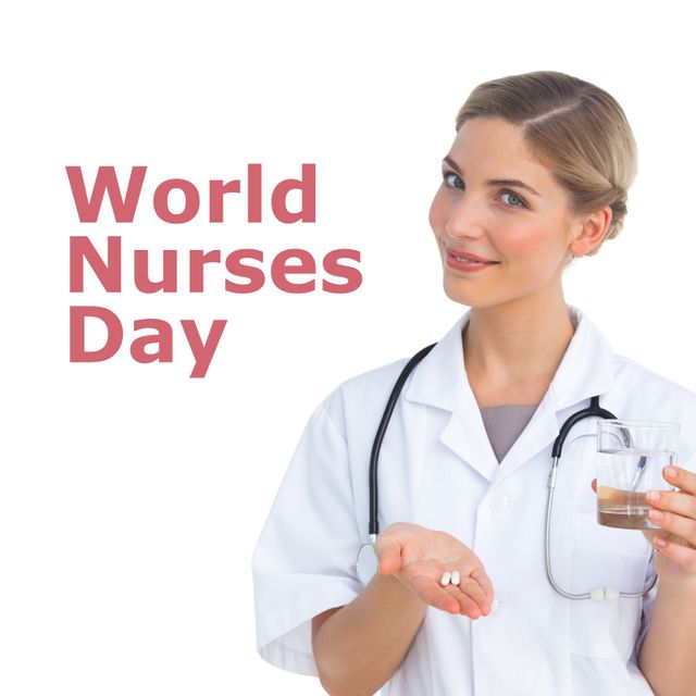Composition of happy nurses day text over happy caucasian female nurse with pills and stethoscope. International nurses day and medicine, digitally generated image.