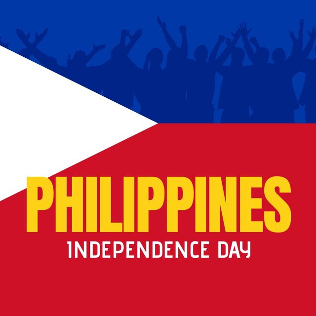 Digital composite image of philippines independence day text on flag with silhouette people. people, celebration, patriotism and identity concept.