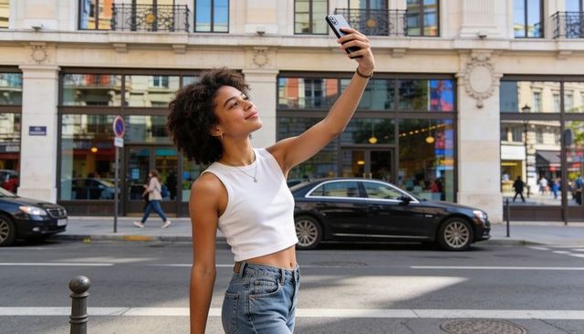 Young woman taking selfie on sunny urban street with storefront glass reflections