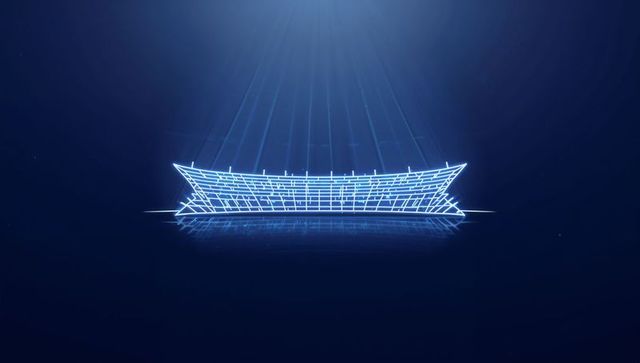 Cyan wireframe hologram floating over reflective blue grid with futuristic light beams