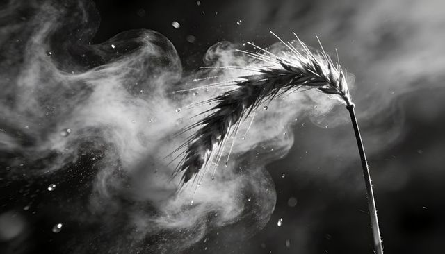 Bending wheat ear shimmering with dew and swirling powder in dramatic monochrome macro