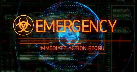 Emergency biohazard alert over holographic globe cyberpunk dashboard telemetry interface