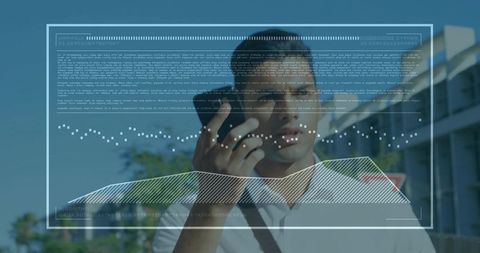 Man interacting with augmented reality interface on smartphone outdoors