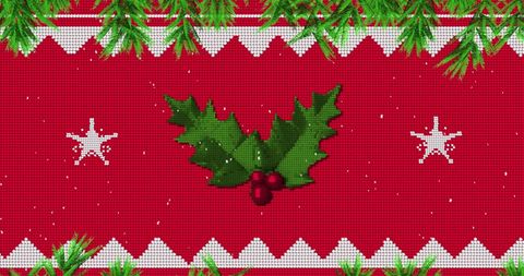 Festive Holly and Fir on Pixelated Red Christmas Background