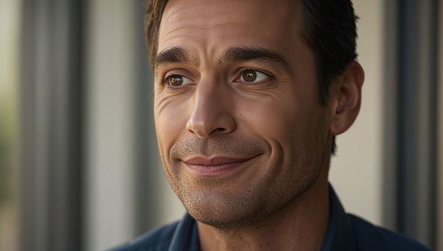 Contemplative man gazing out window with subtle closed-mouth smile, soft natural light