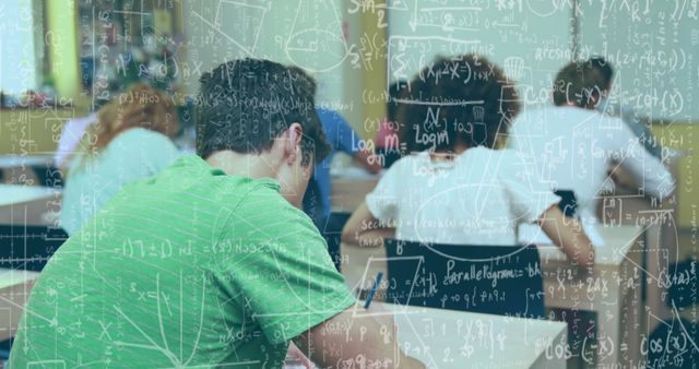 Digital composition of mathematical equations floating against group of college students studying in classroom. college and education concept