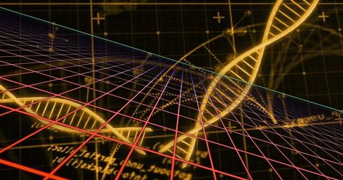 Twisting Golden DNA Double Helix Over Neon Grid in Futuristic Science Visualization
