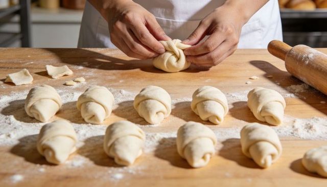 Baker shaping croissant dough on wooden counter with rolling pin and flour dust