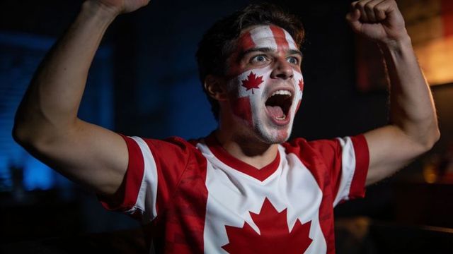 Passionate canadian fan cheering, raising fists, wearing maple leaf jersey and face paint