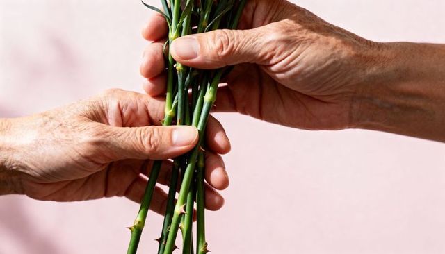 Senior hands passing thorny rose stems closeup on pastel pink background conveying care