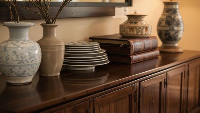 Displaying dark wood sideboard with blue ceramic vases, stacked plates and leather books