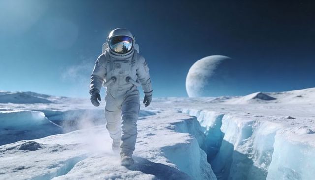 Astronaut Walking Across Icy Lunar Plain Kicking Up Ice Under Distant Planet