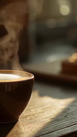 Vertical video: steaming coffee cup on sunlit wooden table with bokeh and copy space