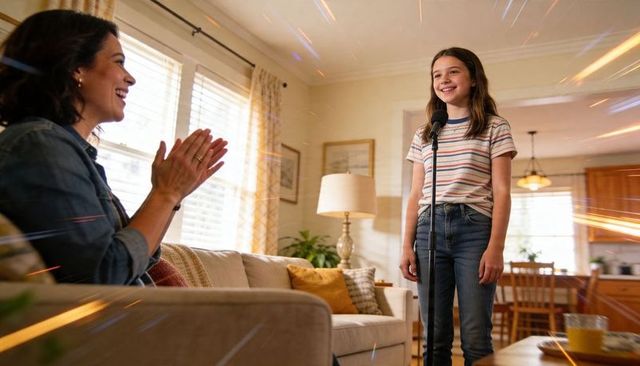 Preteen girl singing at microphone in living room while mother clapping, home recital