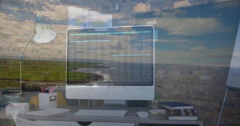 Overlaying Scenic Window View with Technology Desk Setup in Home Office