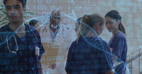Clinical team collaborating in hospital corridor with DNA and digital health overlay