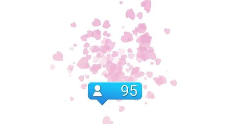 Celebrating 95 followers with floating blue notification badge and pink heart confetti