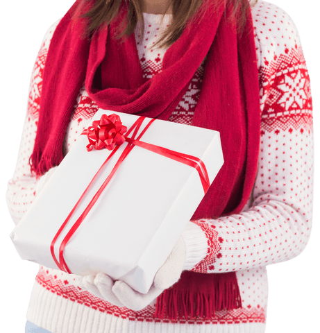 Woman Wearing Red Scarf Holding Transparent Gift-Wrapped Present - Download Free Stock Videos Pikwizard.com