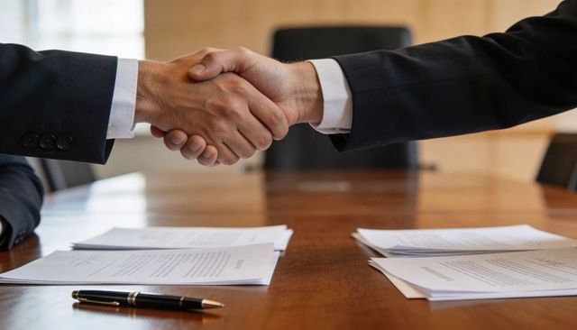 Business handshake sealing contract agreement at boardroom table with documents and pen