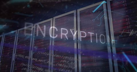 Server Rack with Encryption Graphics in Digital Security Theme