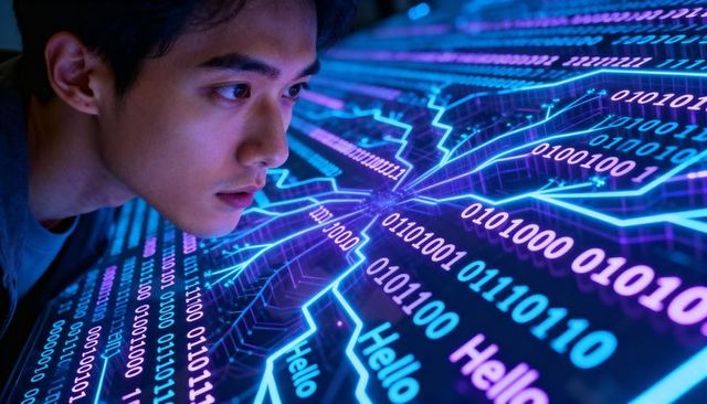 Close-up man studying glowing binary display in neon cyber tech lab