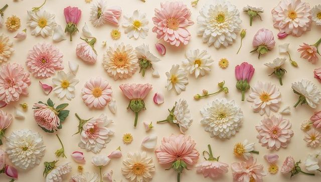 Pastel flat-lay floral pattern featuring pink and white dahlia daisy blooms on cream