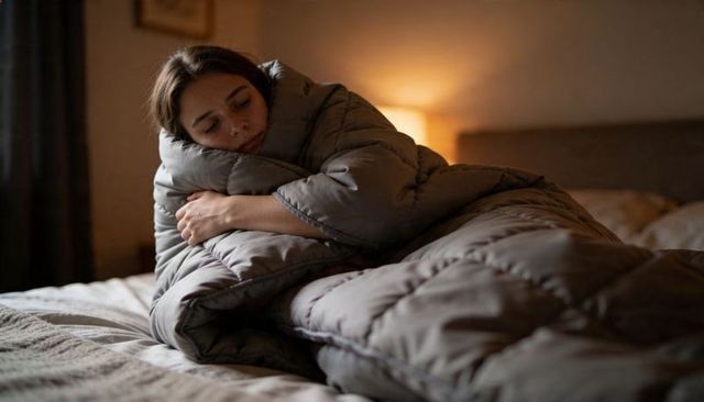Woman resting on bed snuggling into quilted gray comforter with warm amber lamp light