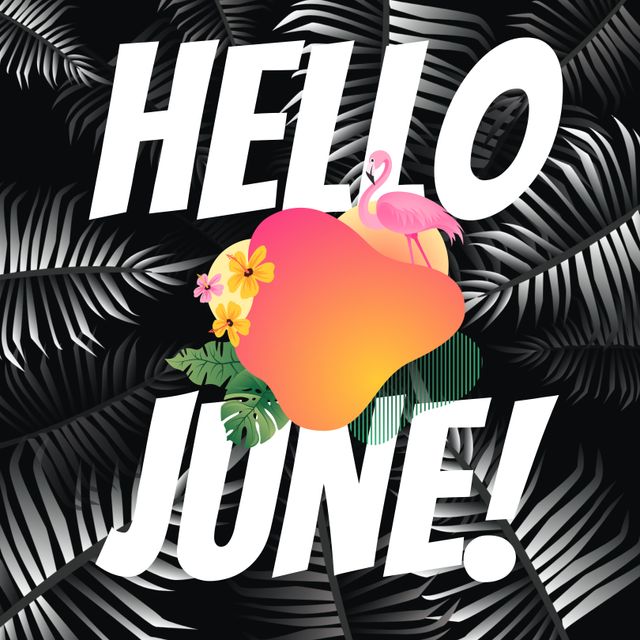 Hello June Text with Flamingo and Tropical Leaves Background - Download Free Stock Templates Pikwizard.com