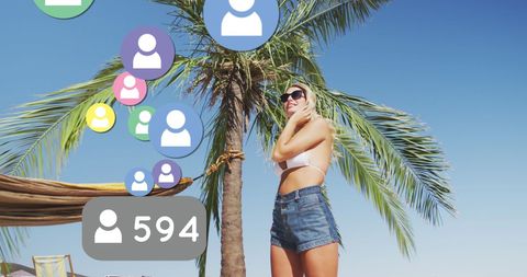 Woman Enjoying Beach with Social Media Icons Overlay
