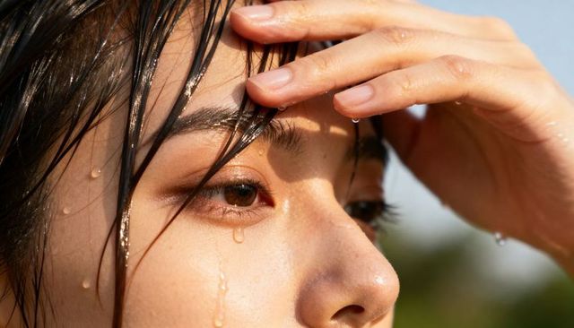 Asian woman holding hand to brow letting water droplets stream down face in sunlight