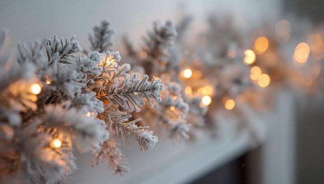Frosted pine garland glowing with warm led lights on mantel creating cozy holiday atmosphere