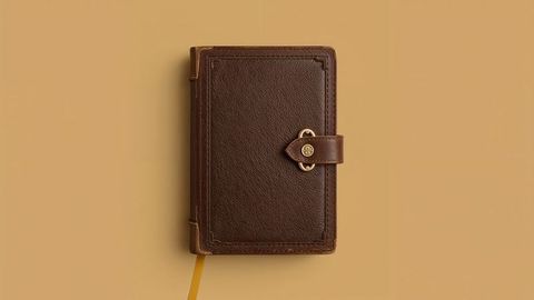 Vintage leather-bound notebook with brass strap on minimalist tabletop