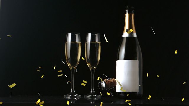 Elegant video of a champagne bottle with two filled glasses on a dark background, complemented by falling confetti. Perfect for celebrating special occasions, parties, New Year's Eve events, wedding toasts, or luxury-themed marketing materials. It can be used in invitations, banners, or social media promotions for events and celebrations.