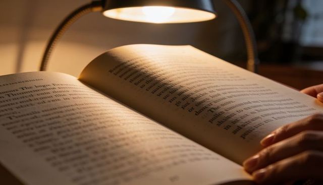 Hands turning page of paperback under warm desk lamp, cozy night reading scene