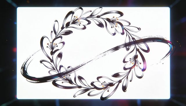 Iridescent calligraphic floral wreath with brush-stroke ribbon and gold ink accents