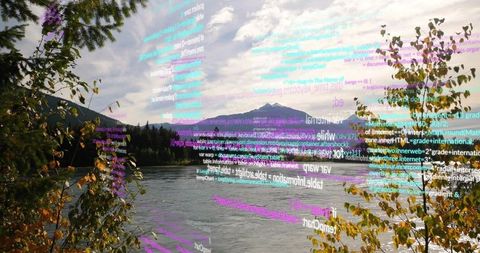 Augmented nature: holographic code floating over mountain lake through leafy frame